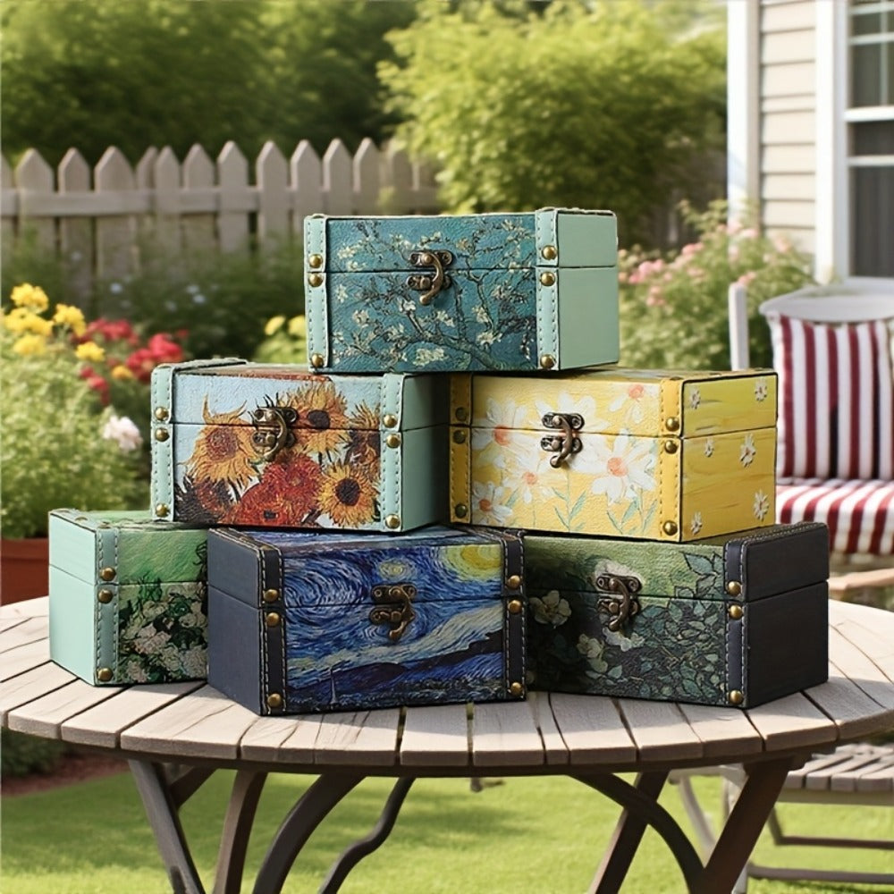 Wooden Storage Box with Lid Vintage Floral Design, Dust-Proof Decorative Trinket Box for Tabletop Jewelry Keepsake Organization