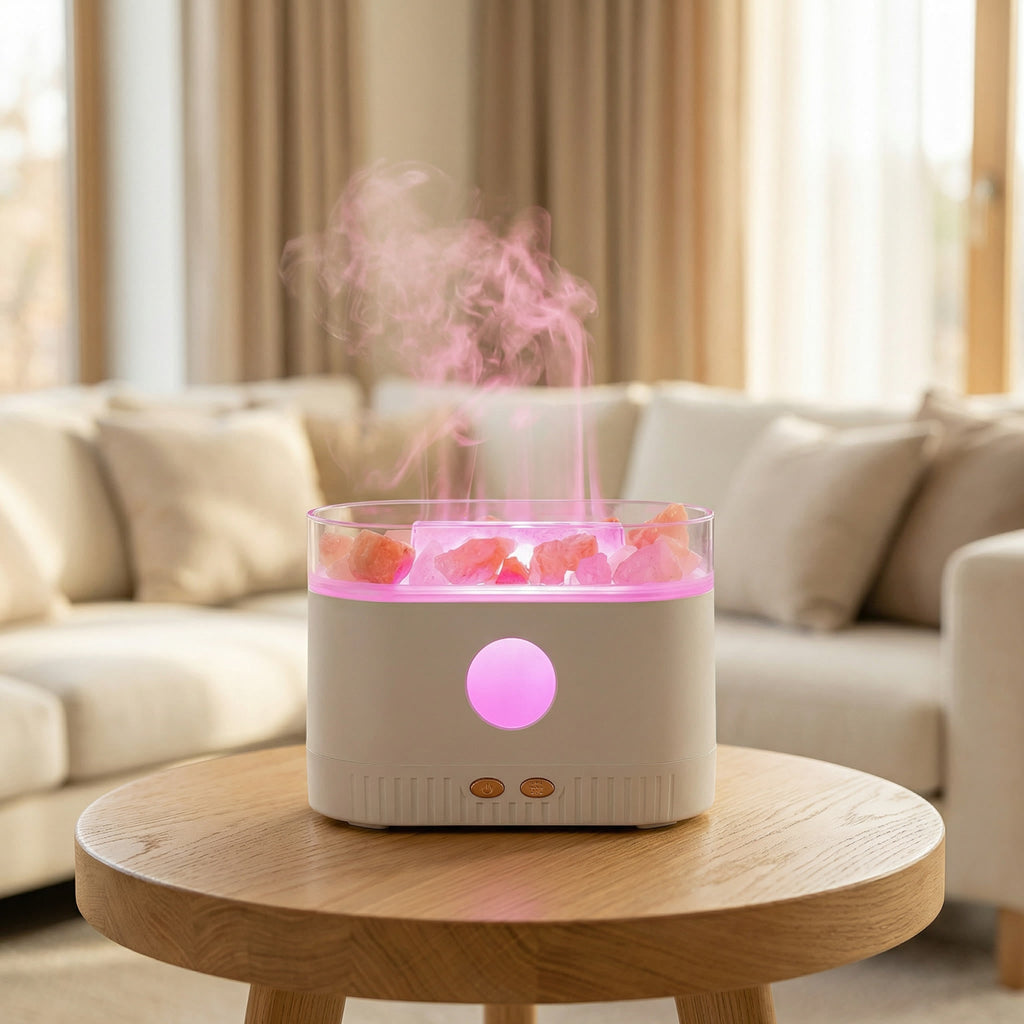 Himalayan Salt On Top Lamp Flame Ultrasonic Humidifying Essential Oil Diffuser – 200ml, 8-Hour Runtime, 10 LED Modes